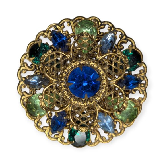 Vintage 1940s Antique Gold Tone Domed Pin with Blue & Green Gems - Picture 1 of 9